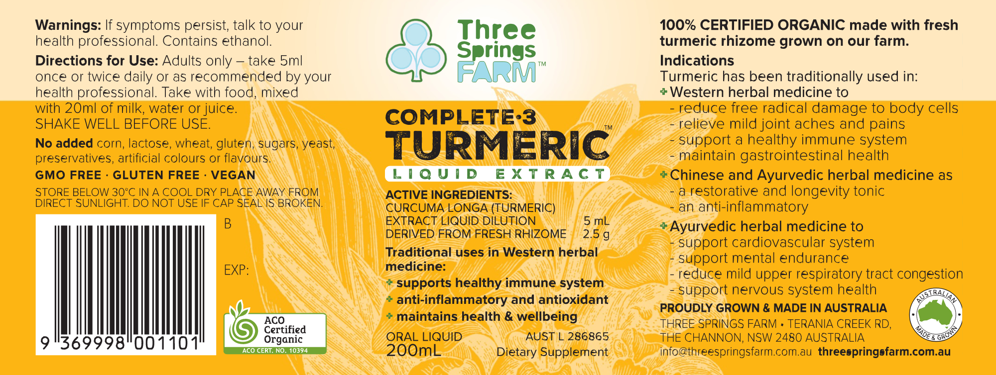 Label of the Three Springs Farm bottle of Complete 3 Turmeric 